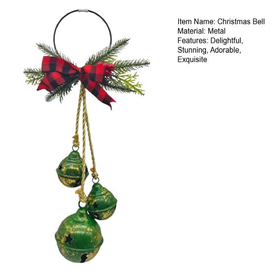 Christmas Bell Decoration 17.7" Hanging Jingle Bells with Plaid Bow Pine Needles Red Berries Rustic Holiday for Door