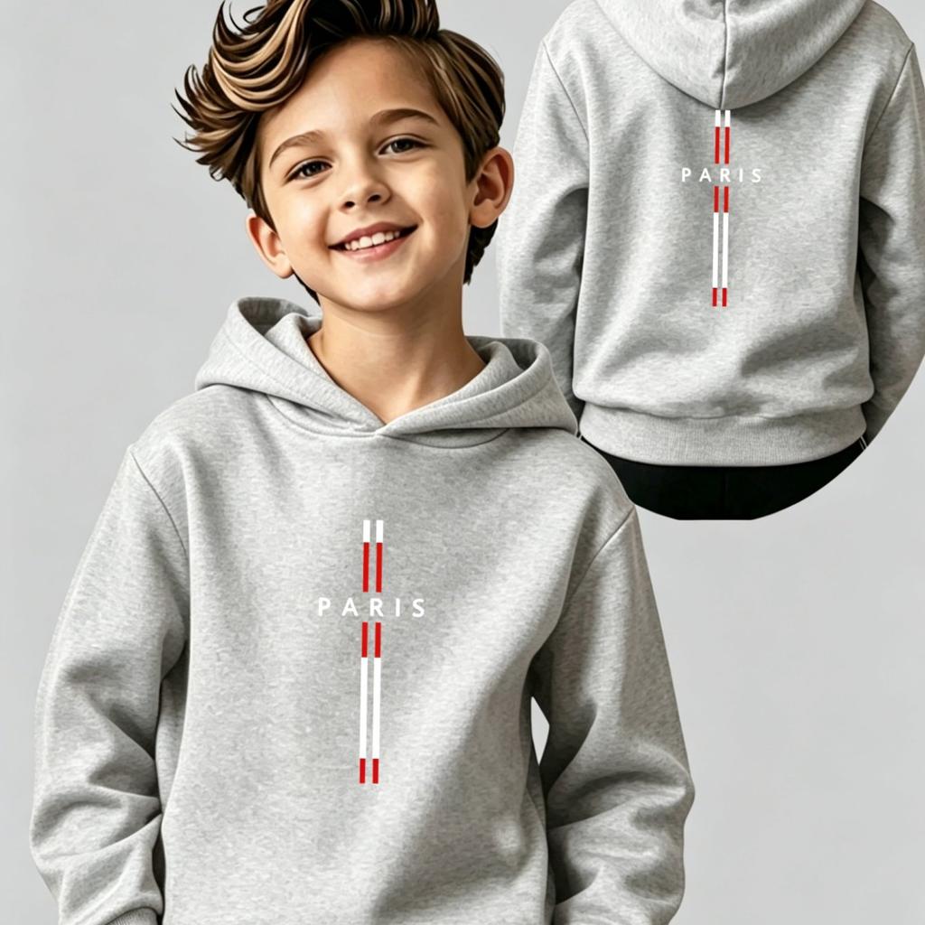 Boys' Hoodie, Kids' Hoodie with Paris Letter Prints on Both Front and Back, Versatile Casual Long-