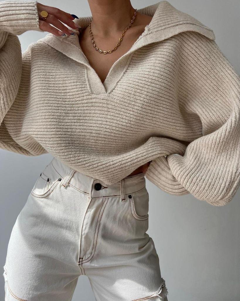 2026 European & American Loose Lantern Sleeve Open Neck Women's Autumn/Winter Pullover Sweater