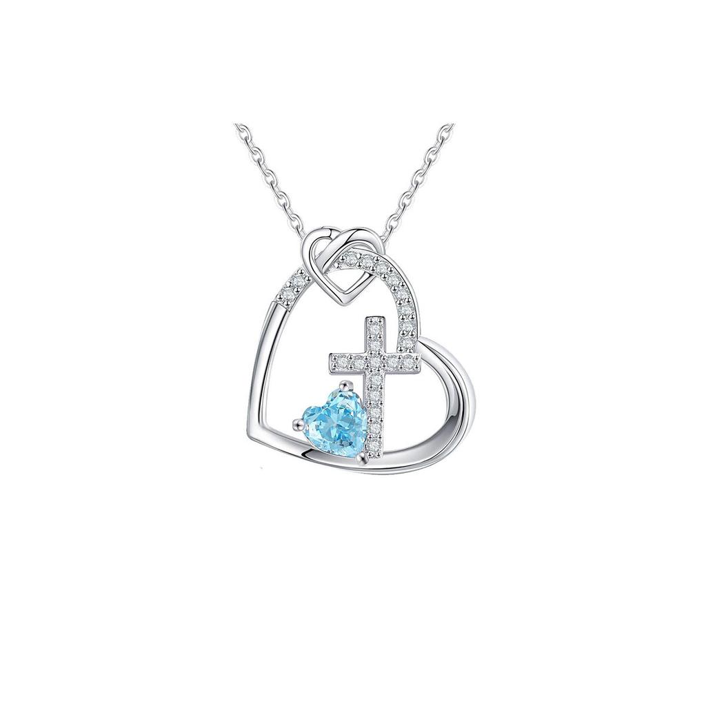 Love Cross Pendant Heart-Shaped Birthstone Necklace Popular Love Cross