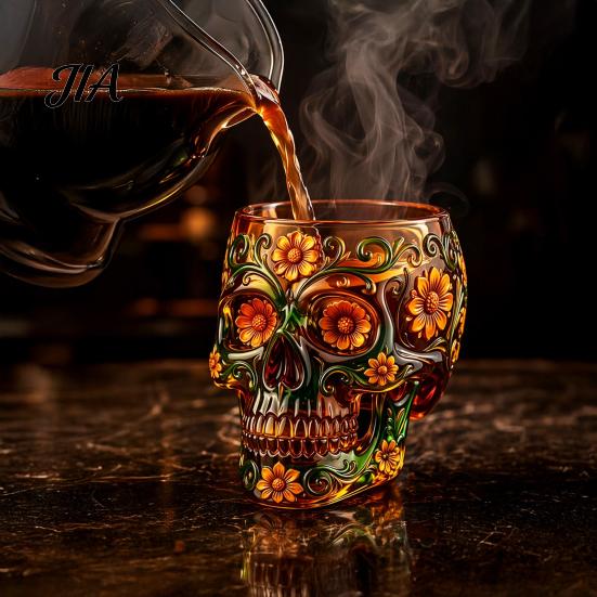 Speciální degustační sklenice na destiláty Den Mrtvých Sklenice na víno, s 3D reliéfní malbou, Ručně malovaný odolný pohár na whiskey Gotický pohár s lebkou, pro Halloween