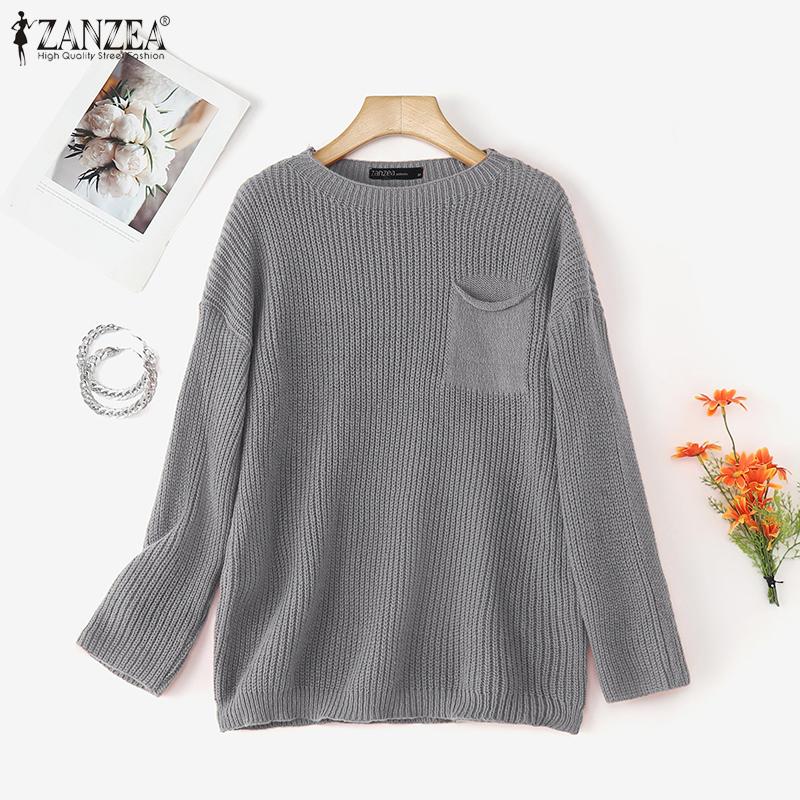 

ZANZEA Женские осенние свитера с круглым вырезом и длинными рукавами, вязаные пуловеры XL серый