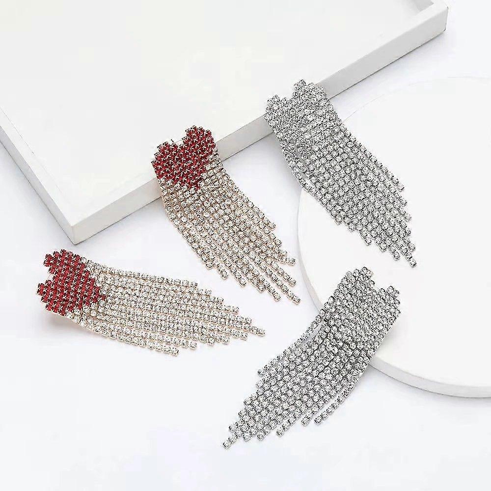 Simple niche fashion love tassel earrings versatile rhinestone dress shiny earring accessories women's earring red diamond silver plated