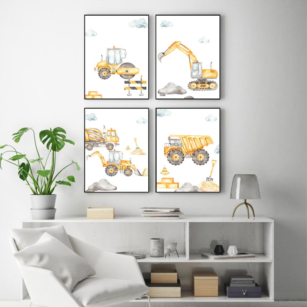 Cartoon Excavator Truck Tipper Wheel Loader Art Canvas Painting Nursery Print Child Posters Nordic Wall Pictures Boys Room Decor