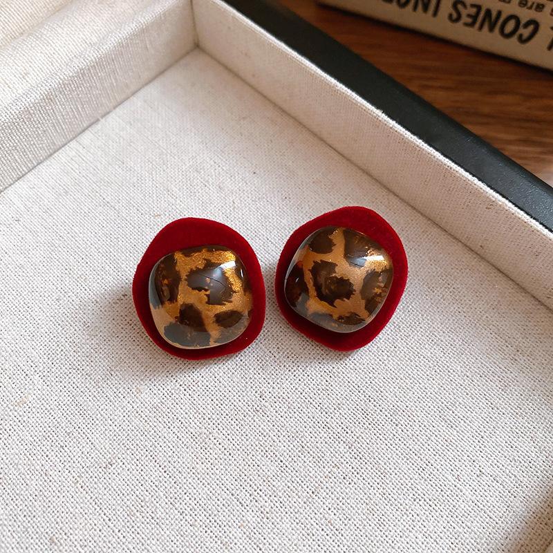 Retro Hong Kong Style Red Flocking Geometric Round Earrings Earrings Fashion Personality Temperament Earrings Women