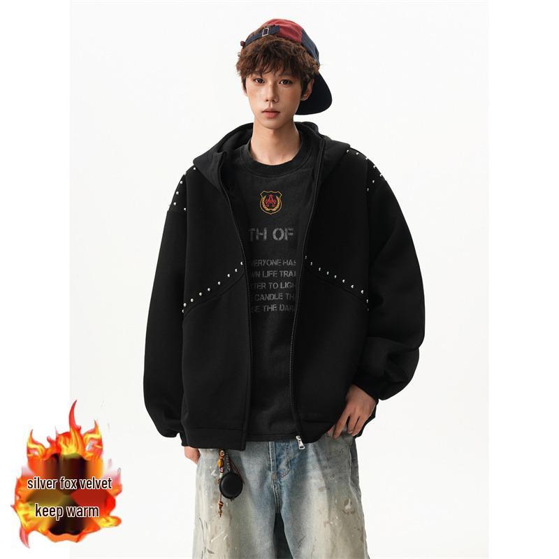 Unisex Velvet-Lined Retro Street Style Rivet Hooded Cardigan