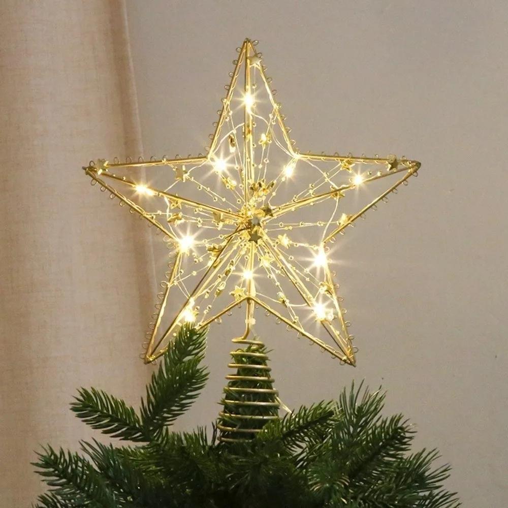 3D Glitzerstern Weihnachtsbaumspitze Eisen Hohl Schneeflocken Weihnachtsbaumschmuck Leuchtend Partydekoration Leuchtende Baumspitze
