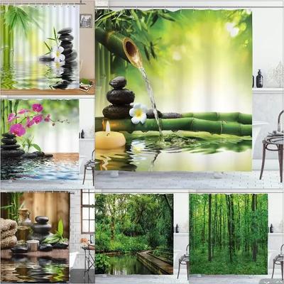 Sprchový závěs Zen Bamboo, Vodotěsná látka s přírodními motivy pro relaxační koupelnovou dekoraci, Dodává klidnou atmosféru