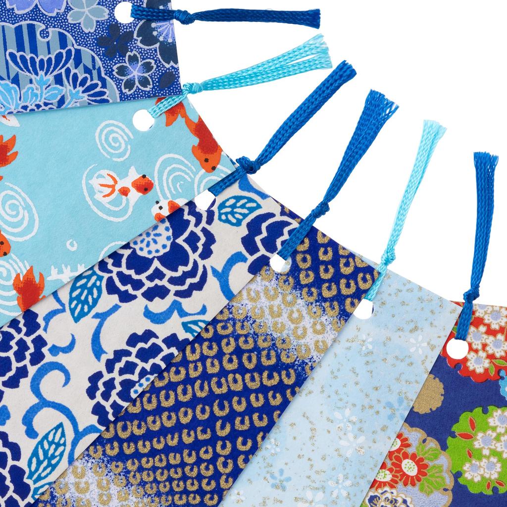 Kawasumi Washi Yuzen Washi and Set of 18 Stencil-Dyed Bookmarks, Blue, Reddish-Pink, Green,