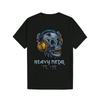 European Sizes Casual Black T-Shirt Featuring a Heavy Metal Skull Graphic, Complete with Headphones And Glowing Eyes Design