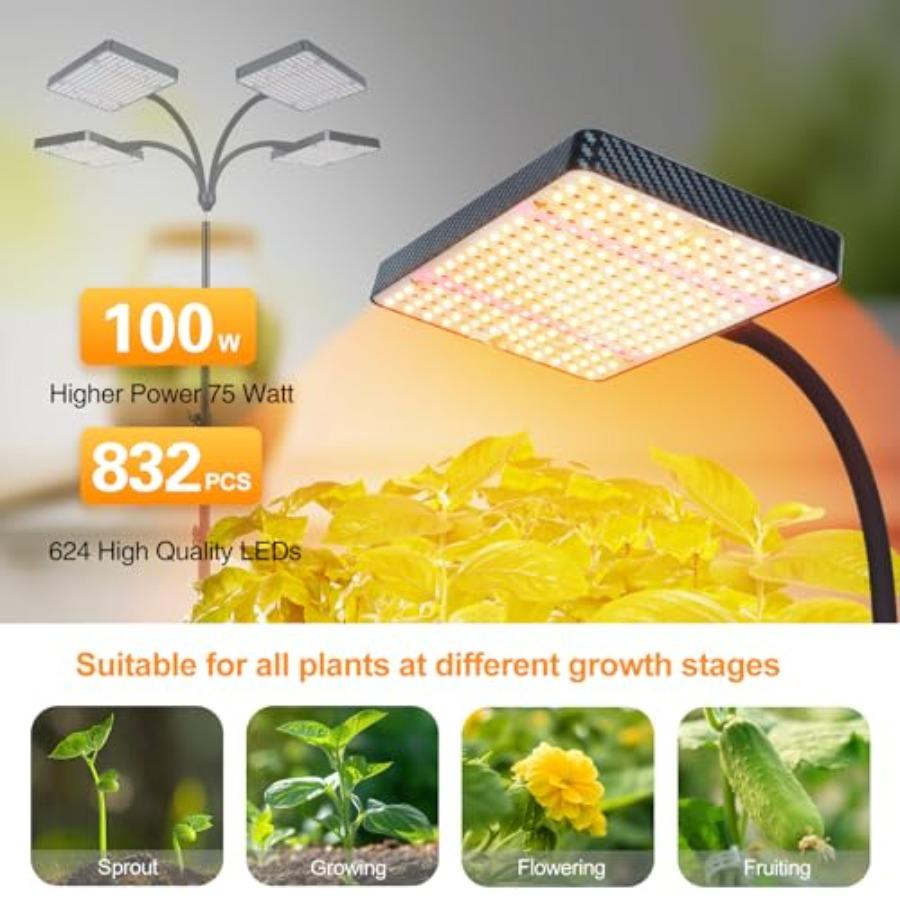 2026 4Head Grow Light with Stand 100W Bright Large Coverage LED Grow Lights for Houseplants Bonsai Trees 4/8/12/16/20Hr Timer 2