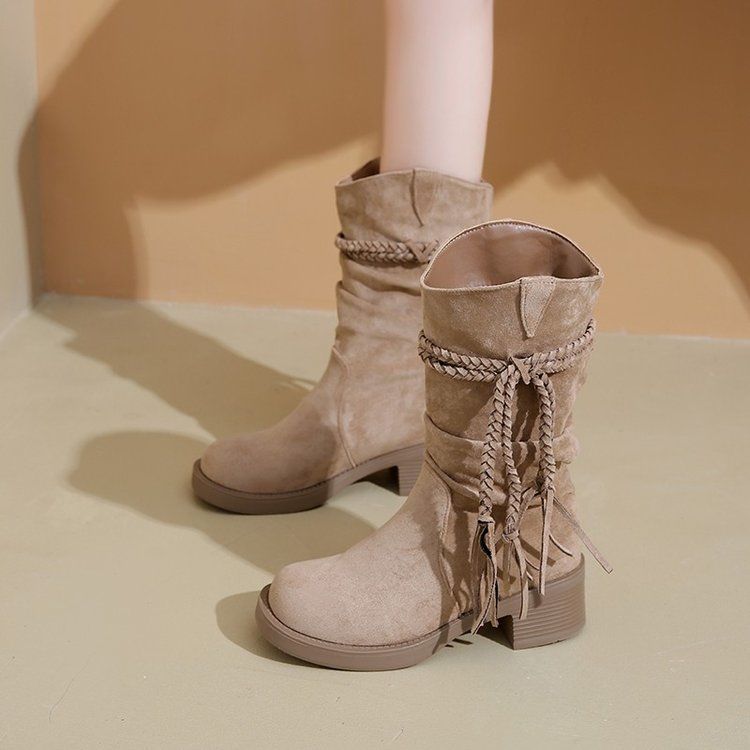 Thick heel retro wasteland fringed knight boots women but knee long tube thin pile medium tube boots tall boots