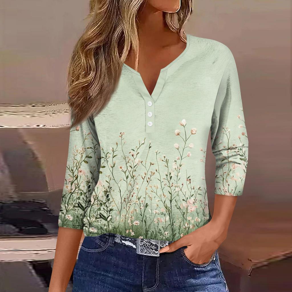 Women's Neck Vintage Floral Print Ribbed Short Sleeve T-Shirt Top