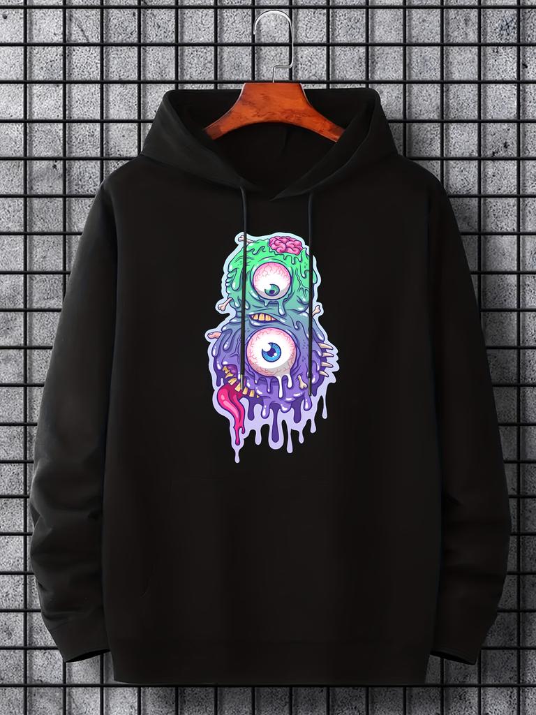 Unisex Monster Graphic Hoodie, Casual Slightly Stretch Breathable Drawstring Hooded Sweatshirt, Unisex Clothing For Outdoor