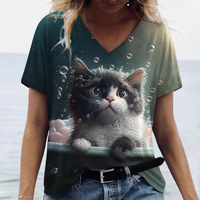 Cute Animals Printed V-Neck Woman Clothing Harajuku Women's T-Shirts Casual Oversize Short Sleeve Tshirt Loose Pullover Kawaii