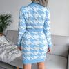 Autumn Winter Women Houndstooth Knitted Dress V Neck Long Sleeve High Waist Pack Sizes S To L