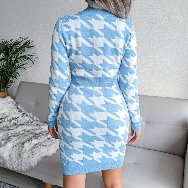Autumn Winter Women Houndstooth Knitted Dress V Neck Long Sleeve High Waist Pack Sizes S To L
