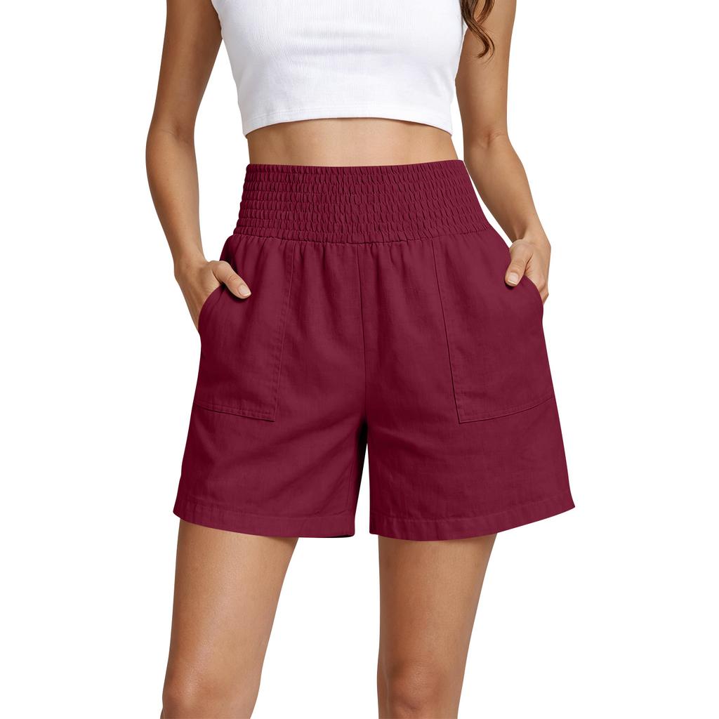 High Waist Elastic Waistband Casual Shorts for Women Loose Fit Cotton Summer Shorts with Pockets Lightweight Design