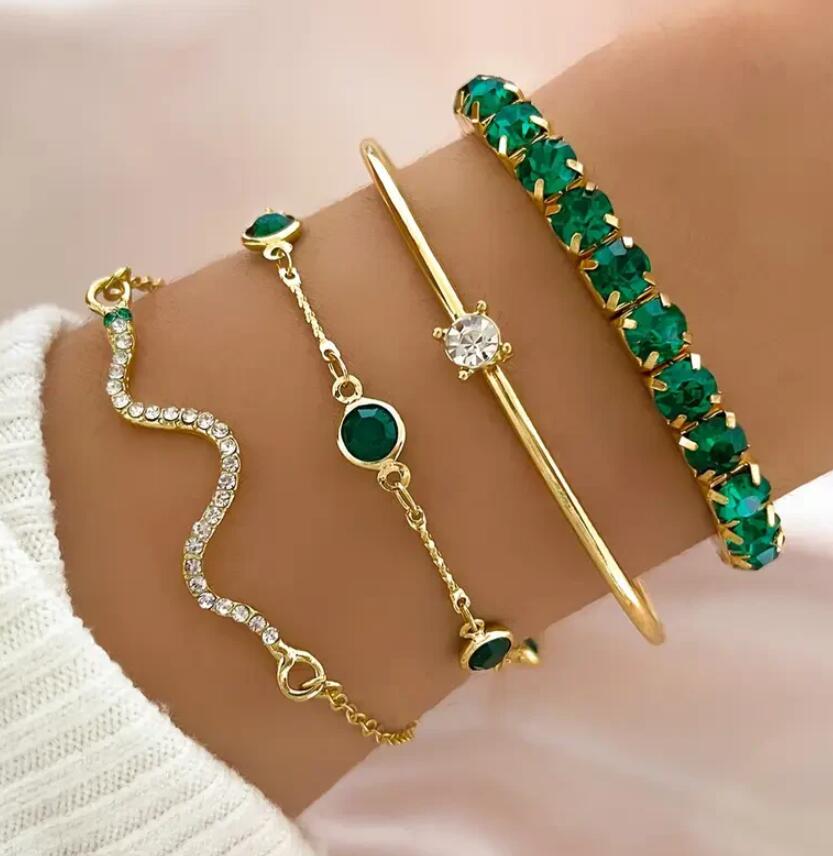 

Модный зеленый браслет с бриллиантами для бабушки, эластичный, набор из 4 штук для женщин, девушек, элегантный, на день рождения, на свадьбу, для вечеринки, на заказ золотой