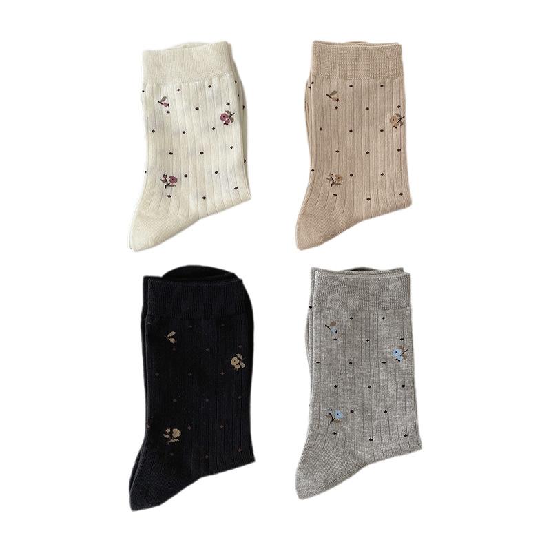 Fresh and Delicate Floral Print Socks, Women's Retro Mid-calf Socks, Spring and Autumn Thin Pile Socks, Sweat-absorbing Boneless Socks