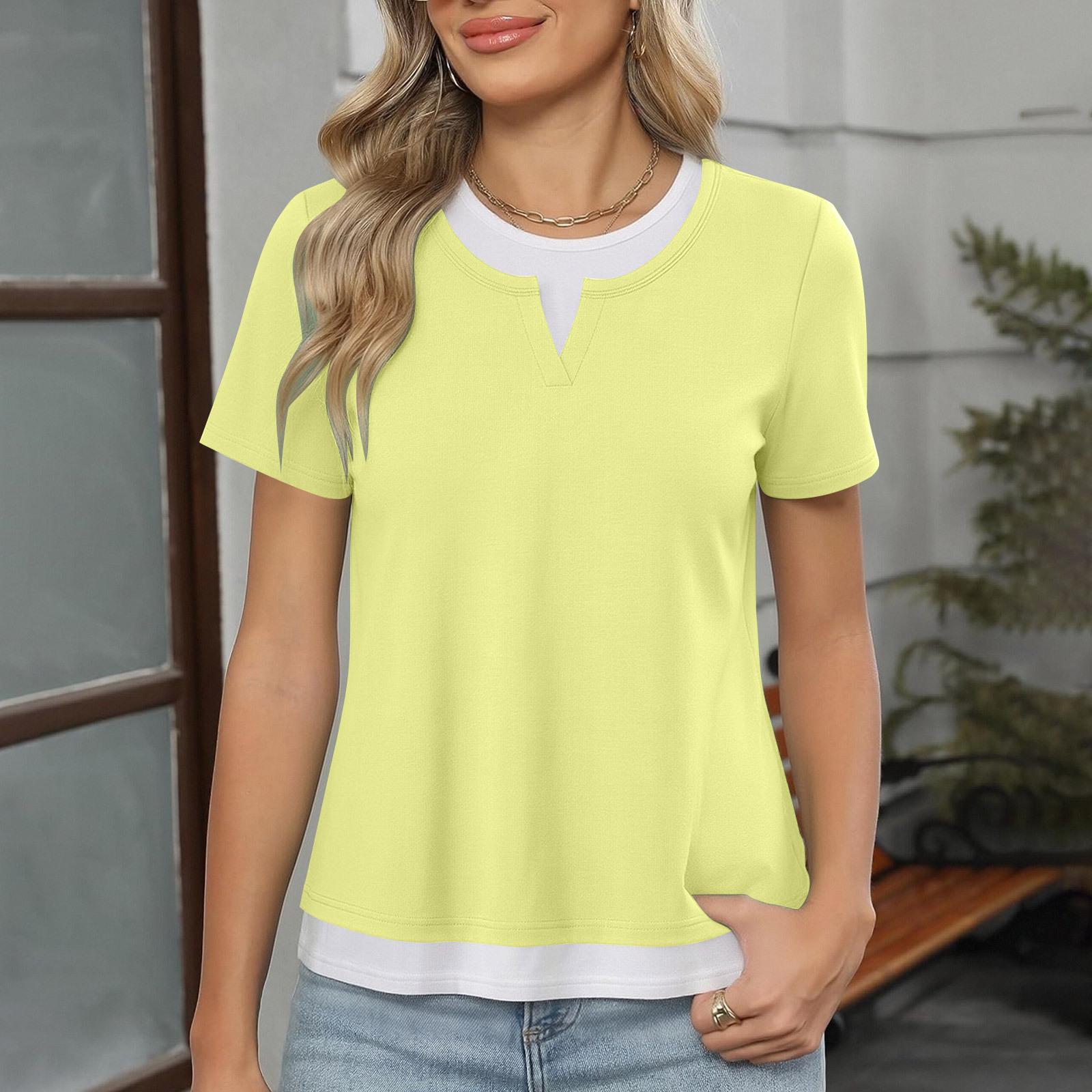 

Women s Fashionable Casual Stitching Short-sleeved V-neck Fake Two-piece Round-neck Pullover Short-sleeved Top XL жовтий