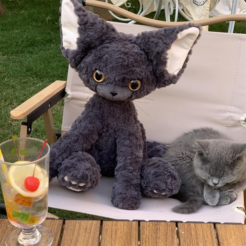 Süße Schwarze Deutsche Katze Puppe Große Ohren Lockige Katze Cartoon Katze Plüschtier Puppe Geschenk Puppe