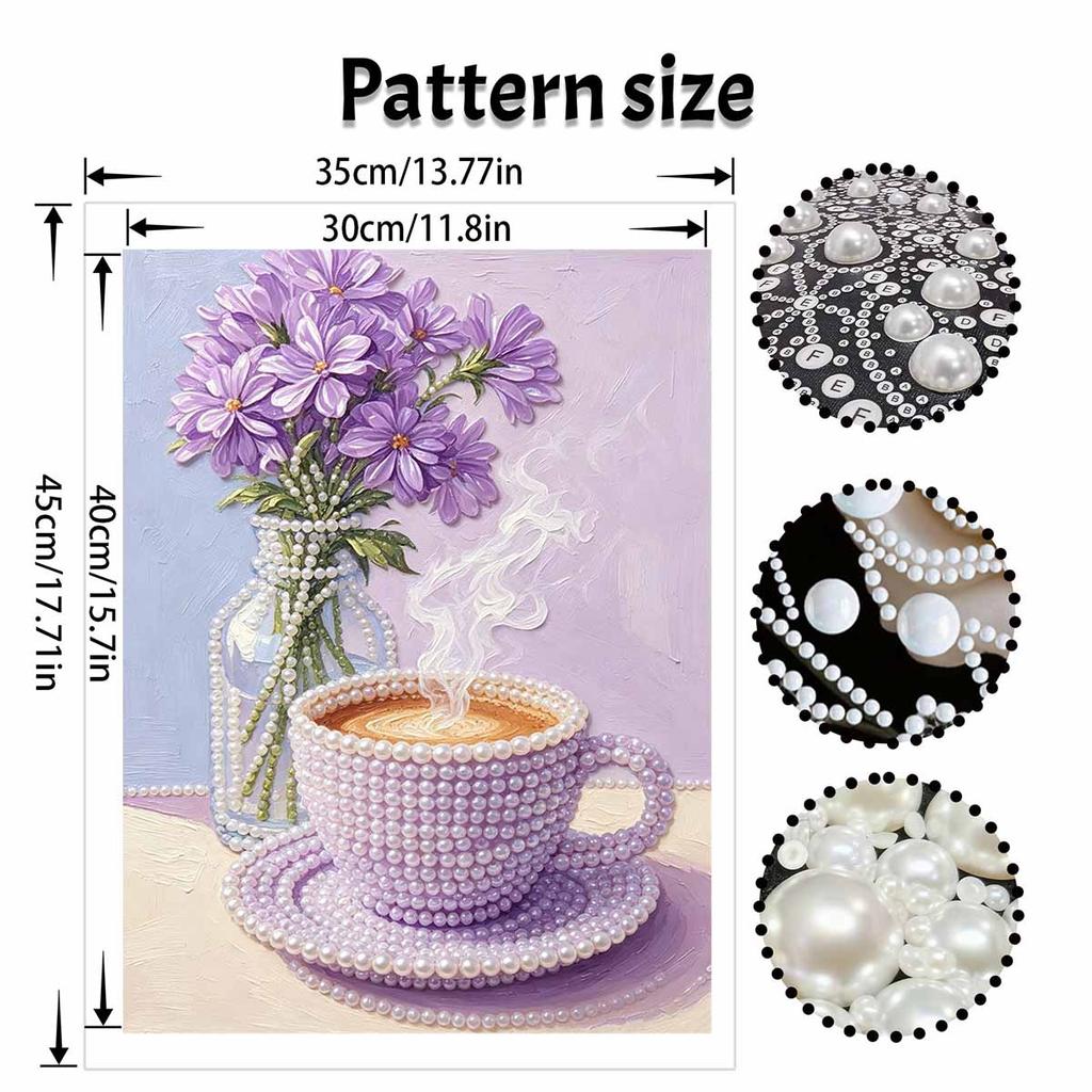 DIY Frameless Pearl Painting Kit Purple Coffee Cup and Floral Vase 3D Shiny Bead Art Canvas Relaxing Craft for Home Wall Decor Gift