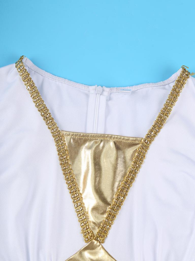 Womens Ancient Greek Roman Tunic Dress Long Cape Sleeve Gold Trim Asymmetrical Hem Halloween Dance Costume