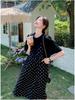 Abito a due pezzi con pois neri e patchwork, estate 2024 - Stile coreano, Vestibilità ampia e slim, Dolce gonna lunga per donna