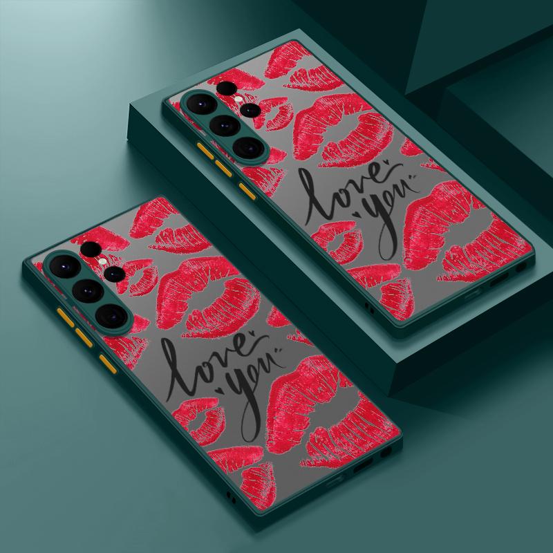 Rote Lippen Muster Slim Stoßfest Matte Hülle Für Samsung S25 Ultra S24 FE S23 S22 A16 A56 A55 A36 A26 A15 A35 Linsenschutz Transparente Handyhülle