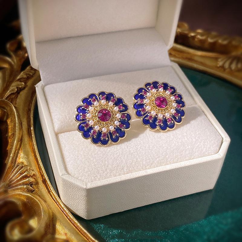 Boucles d'oreilles pendantes vintage en émail style peinture à l'huile - Luxe léger, design rétro haut de gamme pour femmes