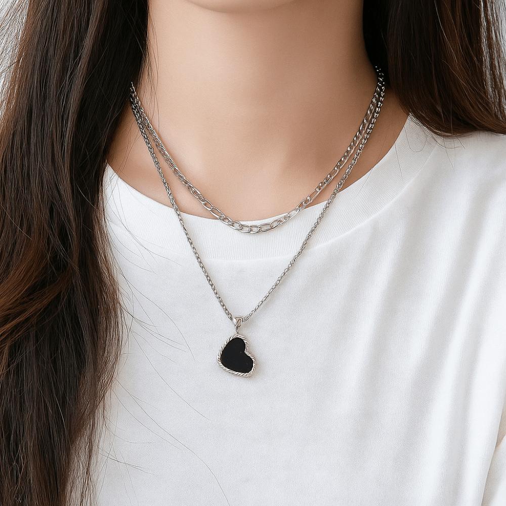 Titanium Steel Double Stacked Neck Chain Sweet Charm Heart Clavicle Chain  Birthday Gift