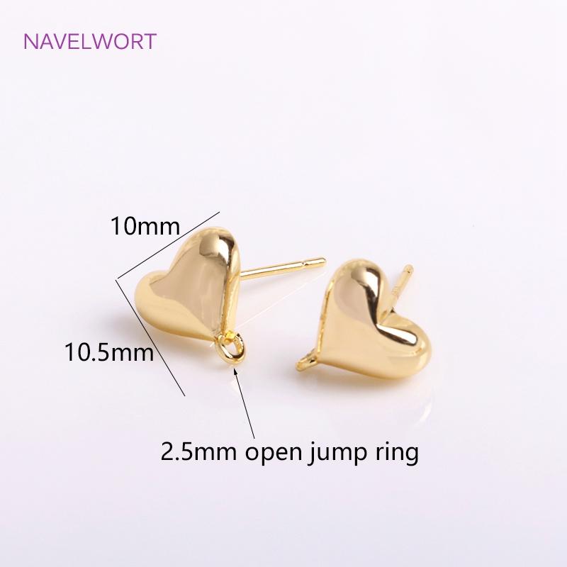 Trendy Brass Metal Love Stud Earring 14K Gold Plated Smooth Heart Post Earring With 2.5mm Open Jump Ring,Components Wholesale