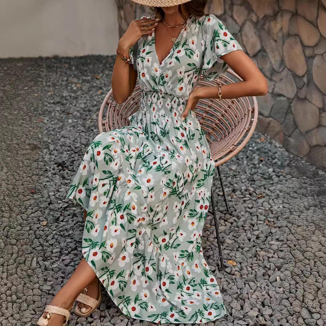 Women Sage Green Floral Print V Neck Short Sleeve Shirred Tiered Maxi Dress S разноцветный