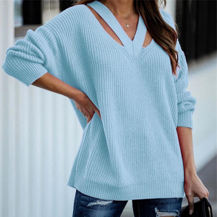 Autumn Winter Solid Colour Knit Pullover Loose Fit Plus Size Elegant Commuter Double V Neck Sweater for Women Luxurious Relaxed Versatile Top