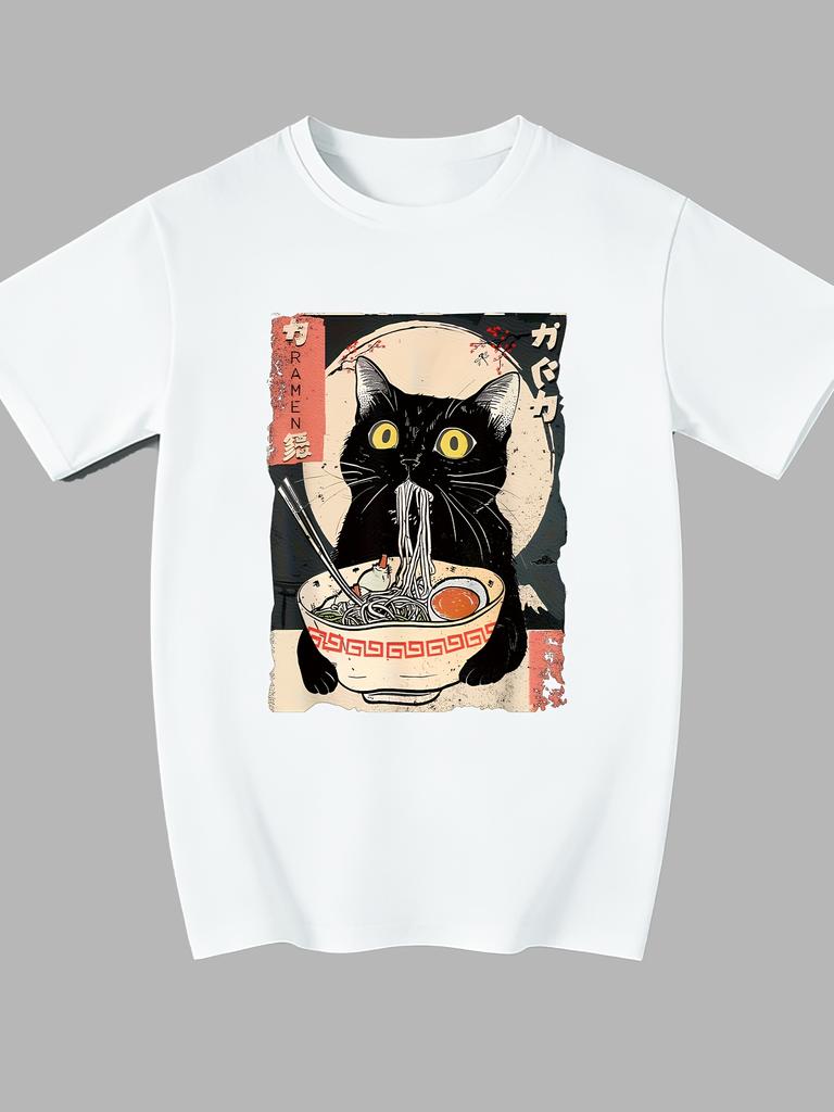 Vintage Japanese RaUnisex Cat TShirt Kitten Eating Noodles Print Short Sleeve Fashion Harajuku Kawaii Tshirt Womens Y2K Clothing