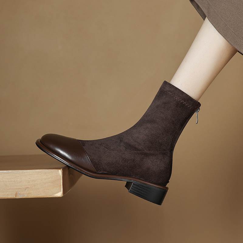 Krazing Pot Flock Autumn Winter Shoes Low Heels Size 43 Stretch Boots Back Patch Work Street Wear Elastic Ankle Boots