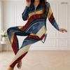 Women Plus Size Printed Two Piece Set Half Zip Long Sleeve Longline Top Fitted Long Pants