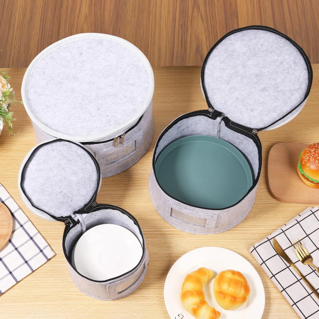 3Pcs Stackable Dish Storage Cases with 36 Round Dividers Thick Felt China Storage Containers for Dinnerware Storage & Transport