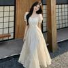French Pure Desire High Sense Waist Puffy Dress Women Waist Thin Mesh Splicing Holiday Style Long Skirt Summer