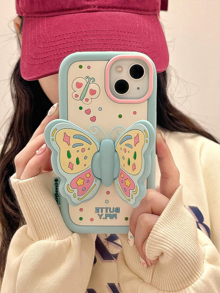 Ins Fashion Lovely Purple Butterfly Holder Stand Case For iPhone 17 15 14 13 16 Pro Max Soft Silicone Phone Cover