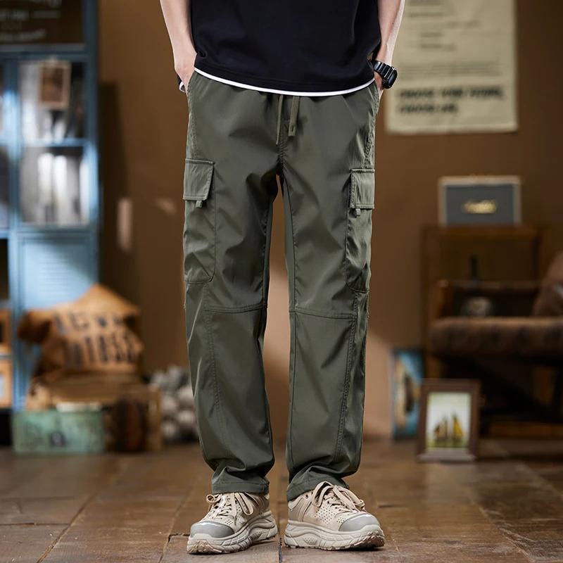 Summer Thin Men's Cargo Pants Baggy Straight Multi-pocket Design Drawstring Elastic Waist Outdoor Jogging Hiking Trousers Male