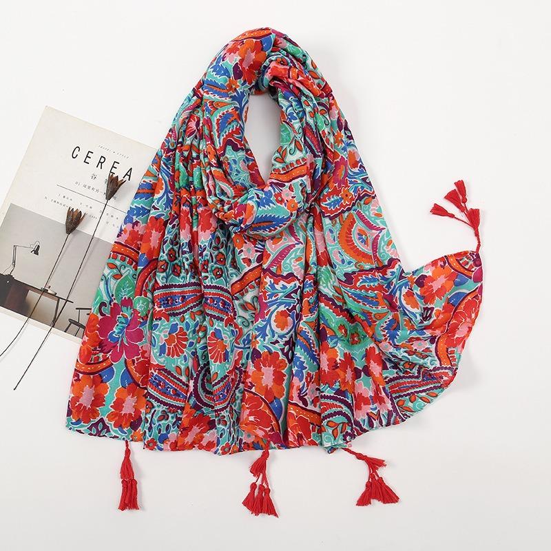 Spring and Autumn New Bali Yarn Tassel Retro Printed Geometric Scarf Versatile Fashion Travel Sunscreen Shawl Silk Scarf Women