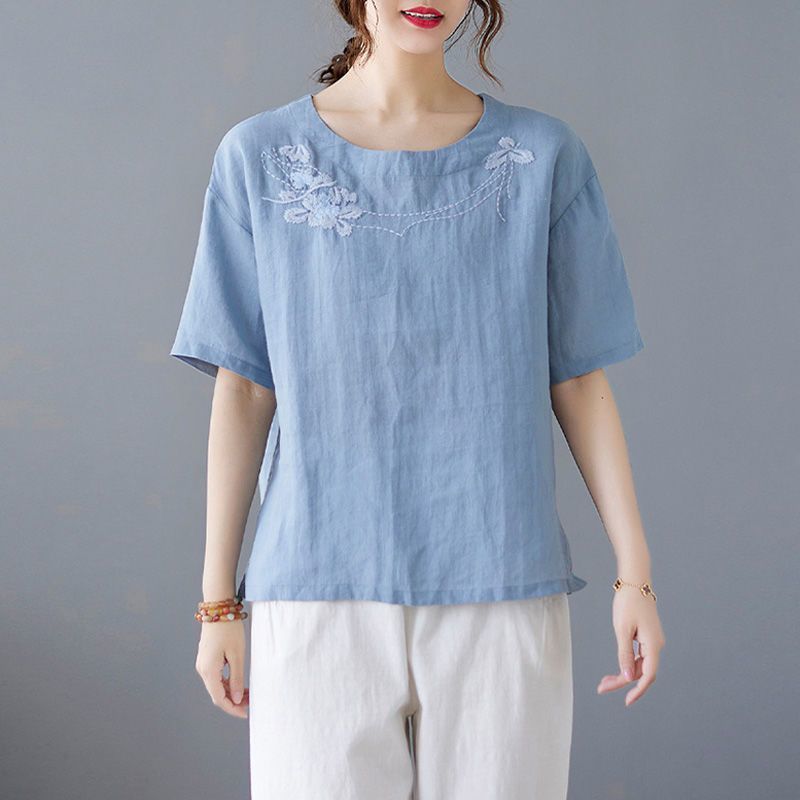 Retro Heavy Industry Embroidered Cotton Linen Short-sleeved Shirt for Women Summer Loose Slim Casual Versatile Linen T-shirt
