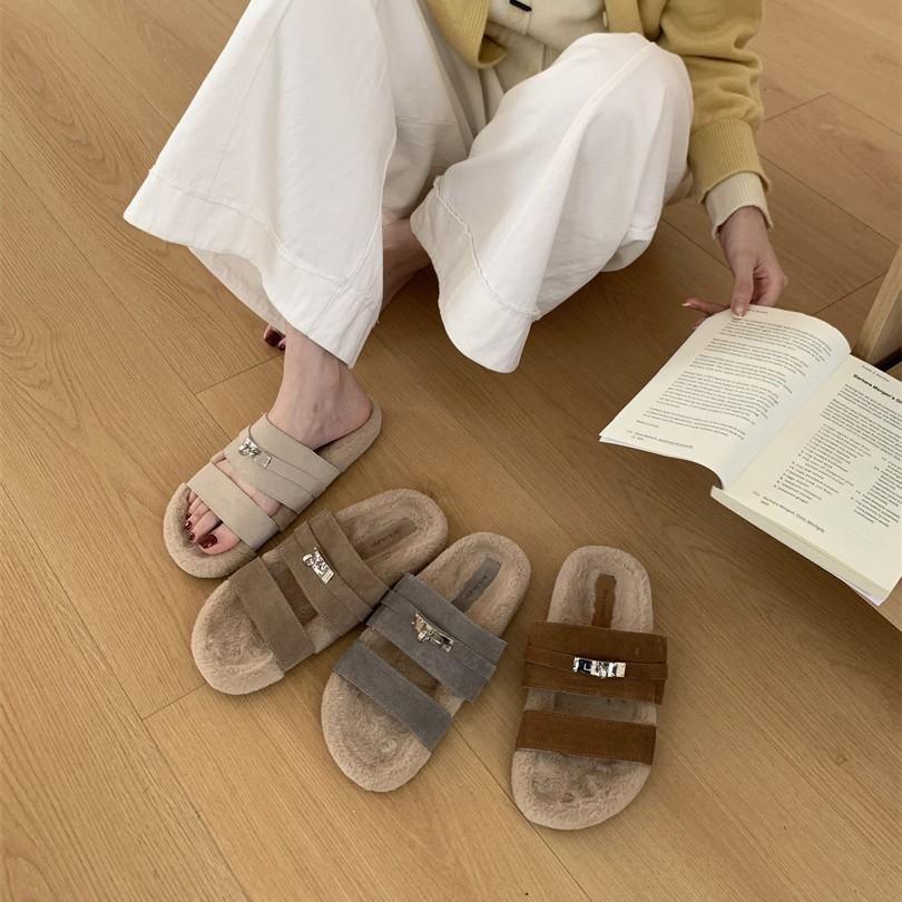 2025 new autumn and winter plush shoes casual outer wear thick-soled color matching one-word women's slippers