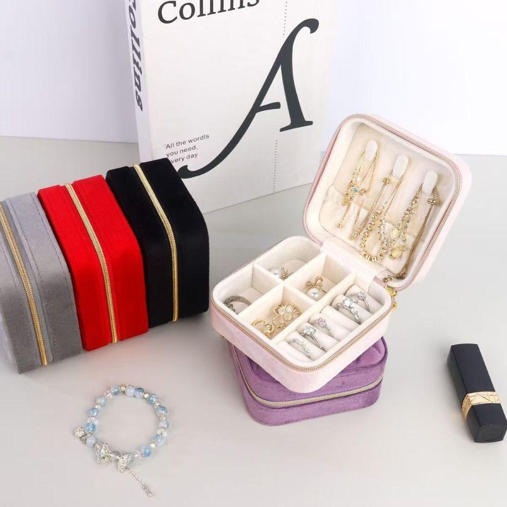 Portable Velvet Jewelry Box Zipper Closure Velvet Jewelry Organizer Travel Jewelry Box Ring Earrings Necklace Organizer
