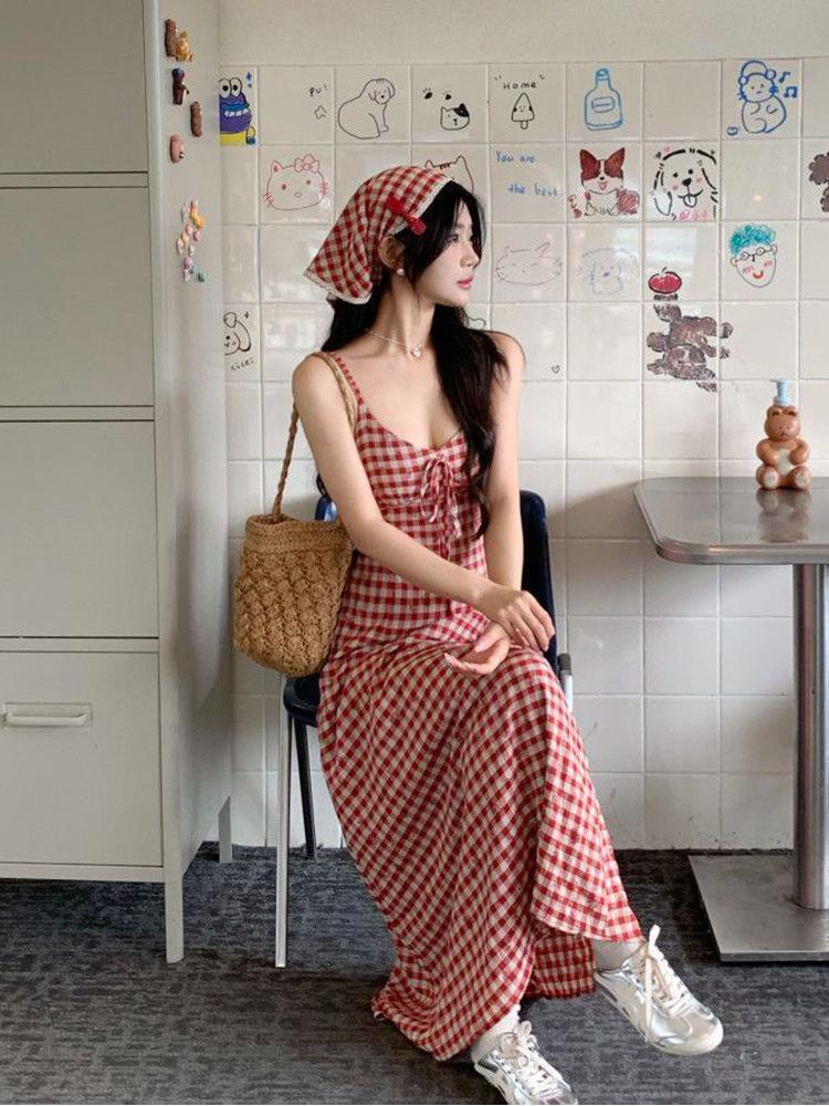 2026 Women's Red Plaid Open Back Strappy Summer Dress with Slim Waist and Pastoral Style Long Skirt