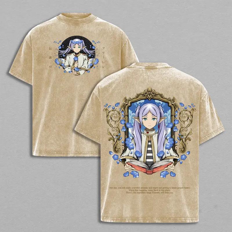 Anime Frieren: Beyond Journey's End Printed Tee Men Women Cotton Tshirts Vintage Washed T-shirt Harajuku Male Oversized T Shirt