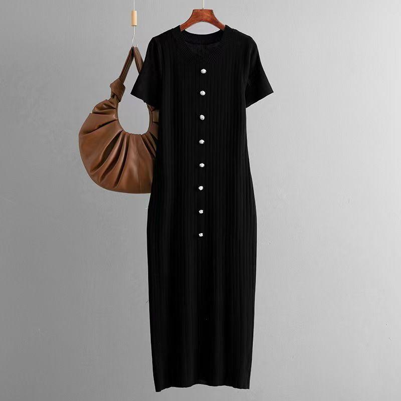 

Fashion Style Fashion round Neck Single-Breasted Short Sleeve Knitting Dress Knitted Solid Color Dress Black All yards