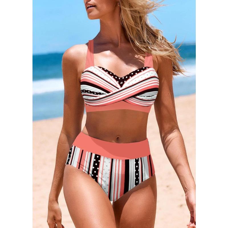 Summer New High Quality Women's Bikini Pool Swimsuit Vintage Pink Stripe Printed Camo Swimsuit S-3XL